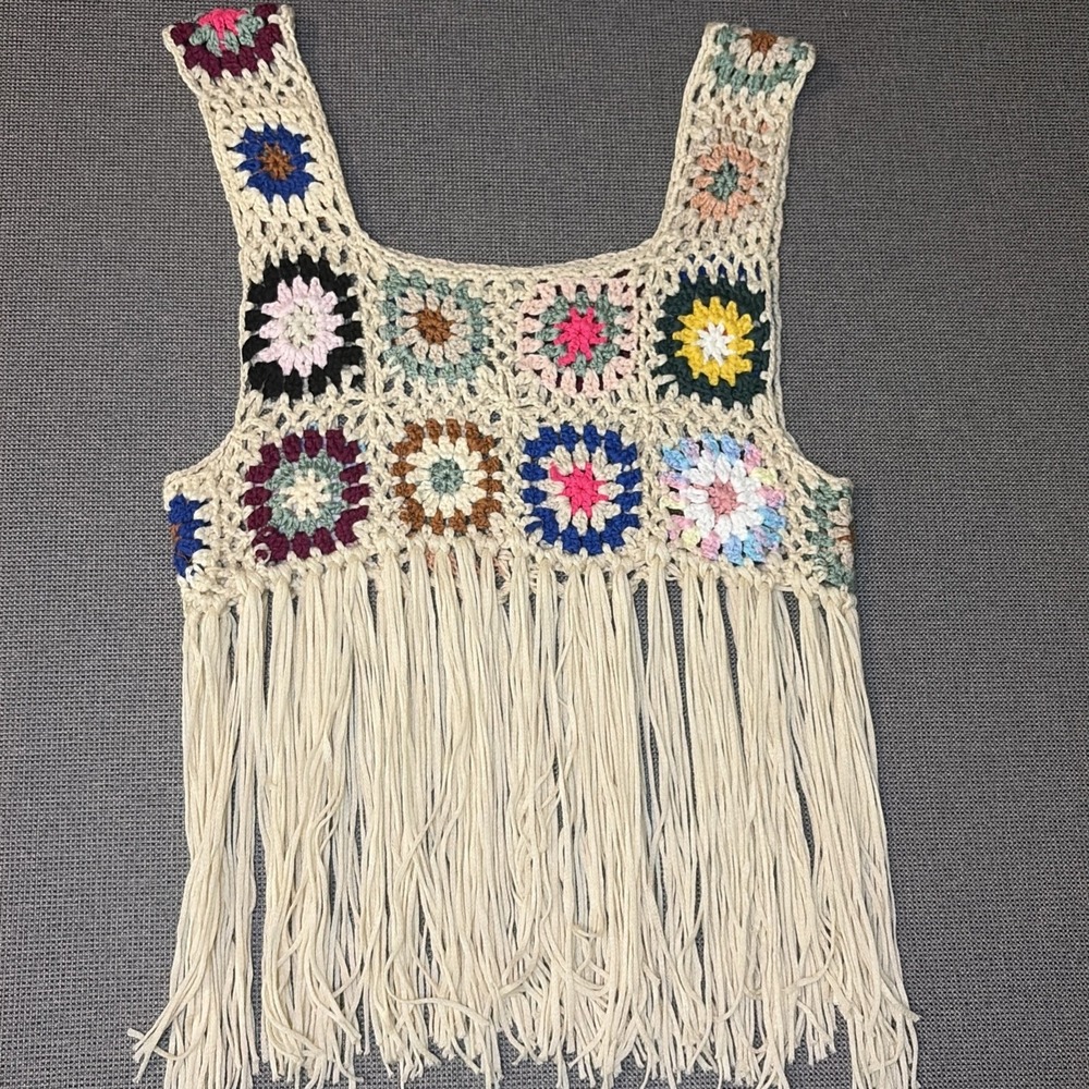 Y2K Crochet Granny Square‎ Fringe Crop Top Boho Festival Hippie Knit Vest Small - Picture 1 of 8